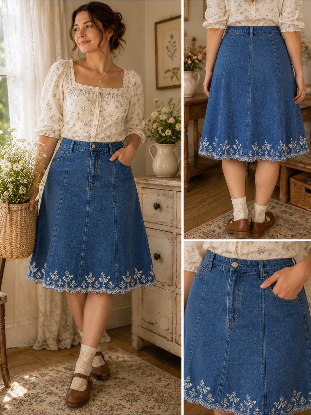 Northern Reflections Blue Denim A-Line Skirt with White Embroidery - Picture 5 of 5